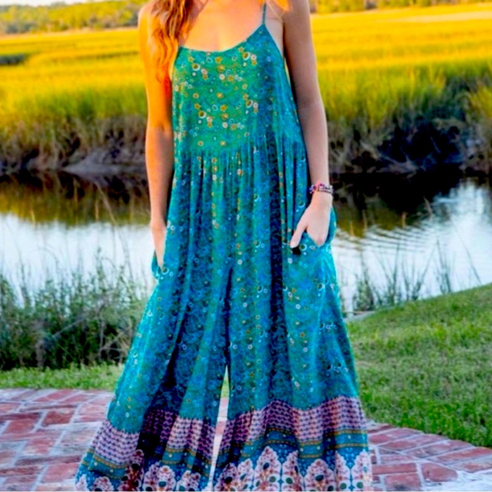 Natural Life Zoe Teal Floral Wide Leg Boho Jumpsuit